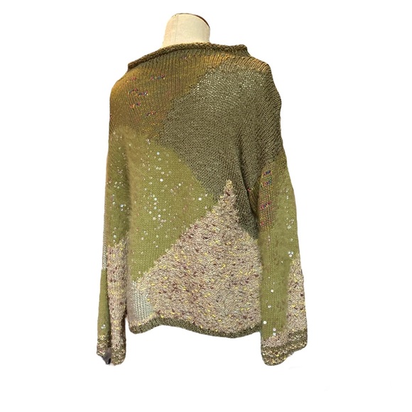 Knitting Needles multimedia sweater. Sequined & color blocked design. Sz L Green - Picture 2 of 7